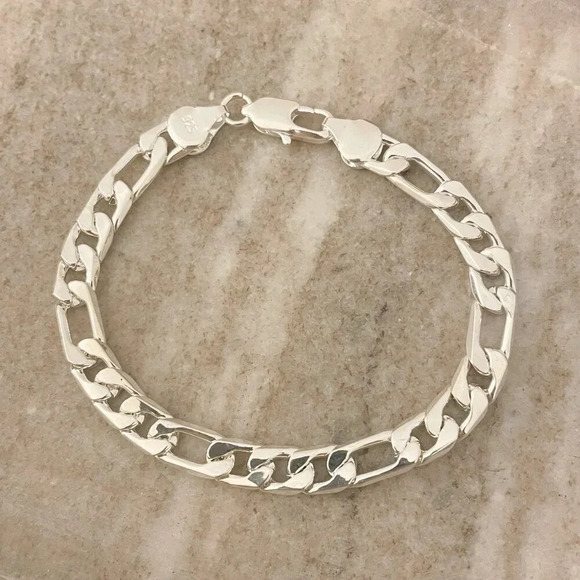 925 Sterling Silver Flat Chain Link Bracelet Modern Figaro Bracelet Chain Link - Picture 4 of 4